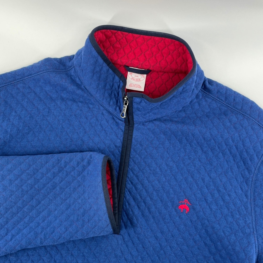 Brooks Brothers Mens XXL Blue Diamond Quilted Quarter Zip Pullover Sweater Red